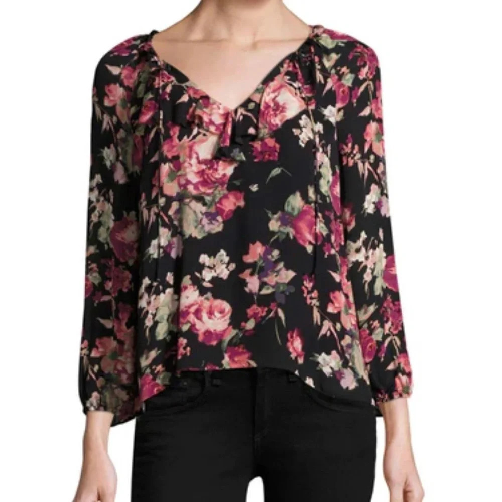 Joie 100% Silk Floral Print Blouse in Black Pink and Cream Size XXS  Boho